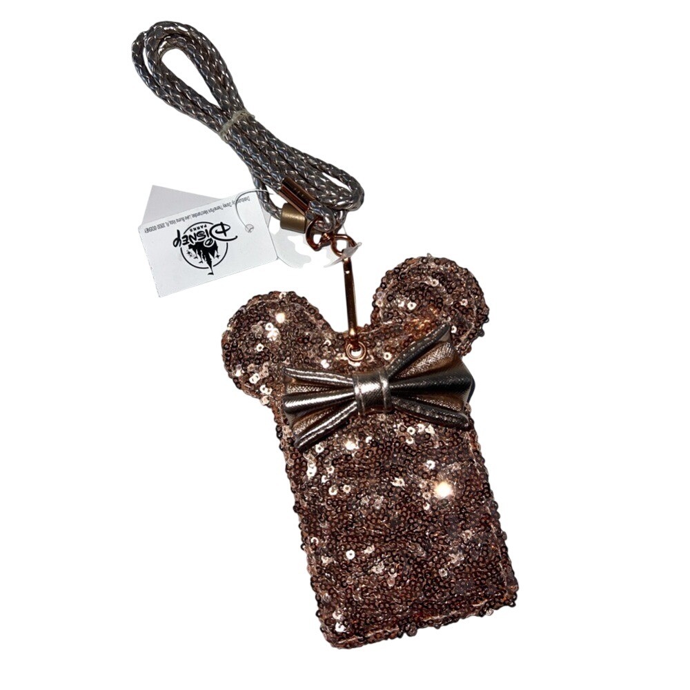 NWT Loungefly Minnie Mouse Rose Gold Sequin Card Holder Lanyard Disney Parks